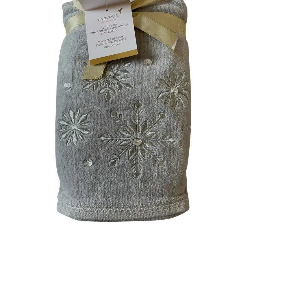 Papyrus Embroidered SNOWFLAKE Hand Towels 18x28 Gray 100% Cotton Set of 2 New